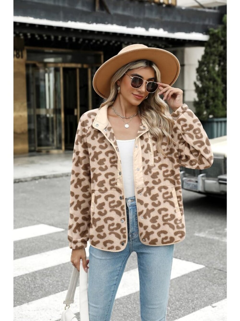 Women Leopard Print Fleece Jacket Western Aztec Print Snap Button Down Outerwear - Picture 2 of 3